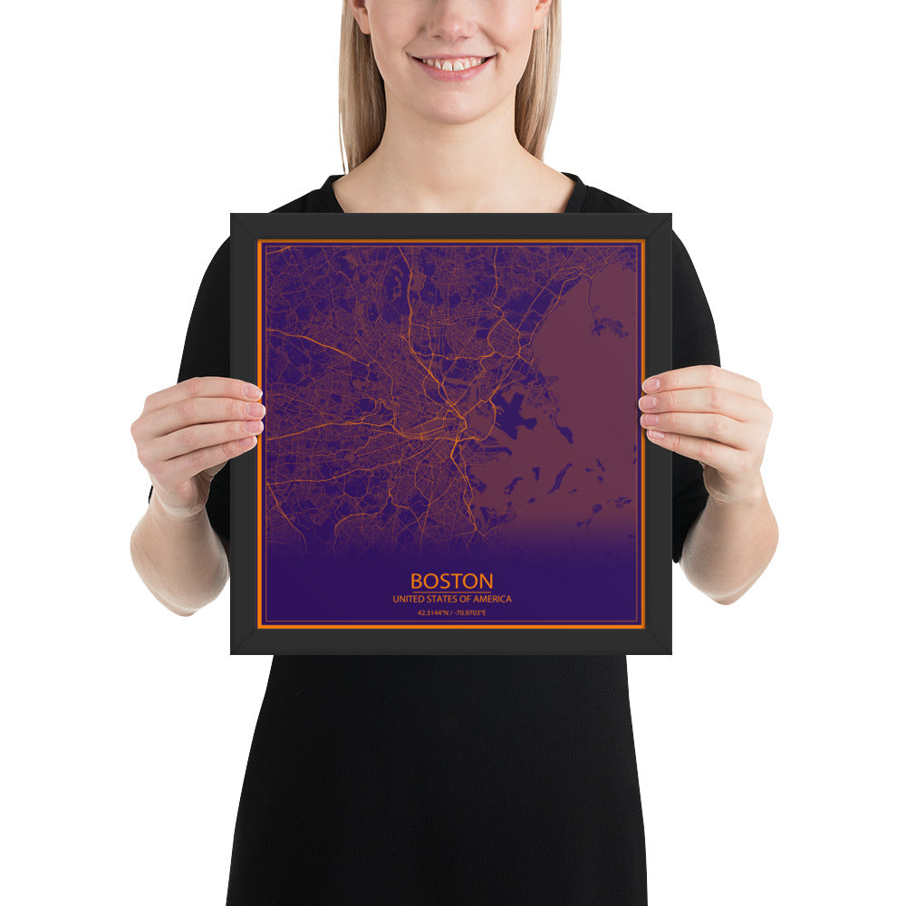 Boston Purple and Orange Framed Map