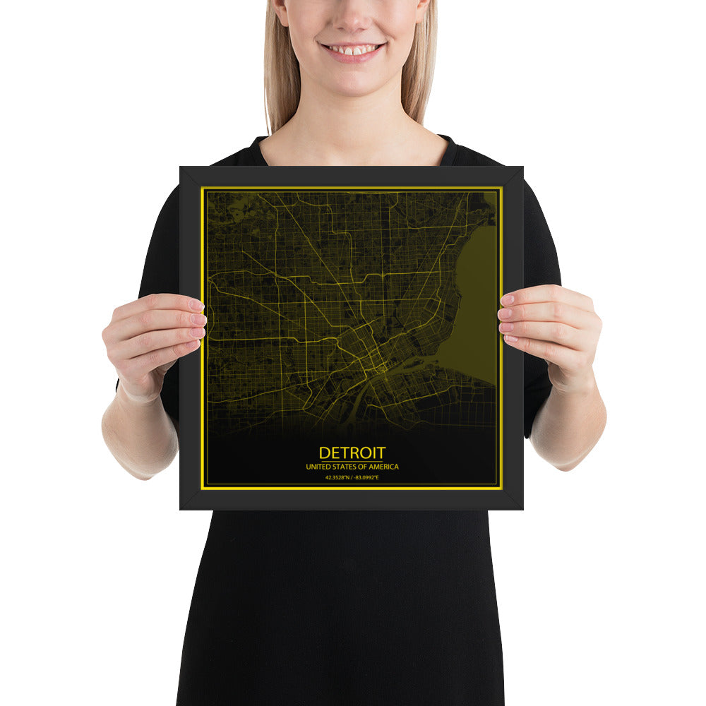 Detroit Black and Yellow Framed Map