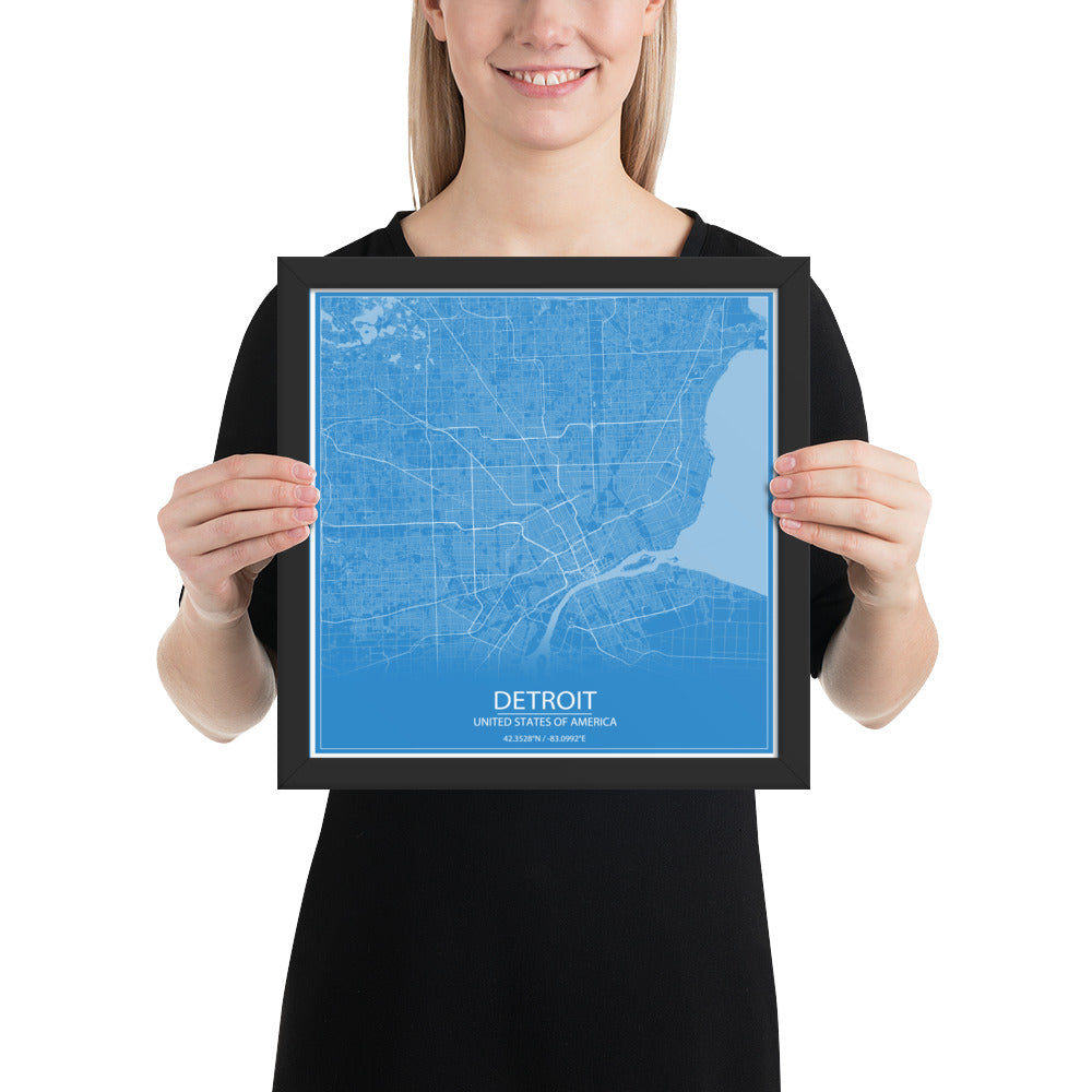 Detroit Blue and White Framed Map