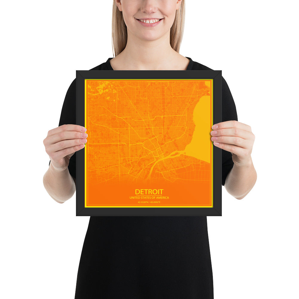 Detroit Orange and Yellow Framed Map