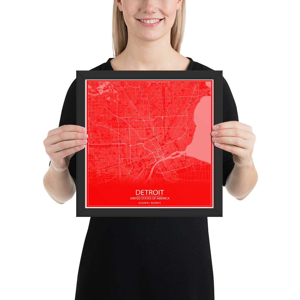 Detroit Red and White Framed Map