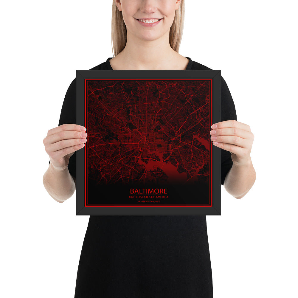 Baltimore Black and Red Framed Map