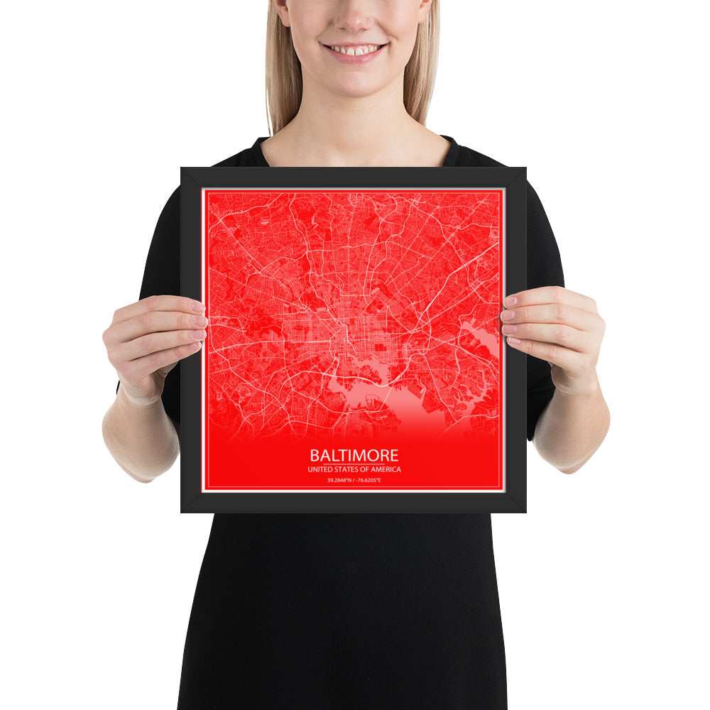 Baltimore Red and White Framed Map