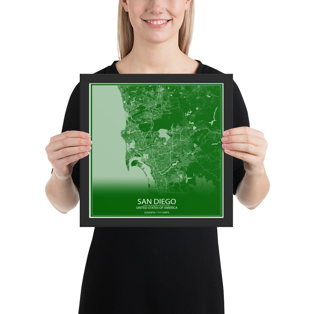 San Diego Green and White Framed Map