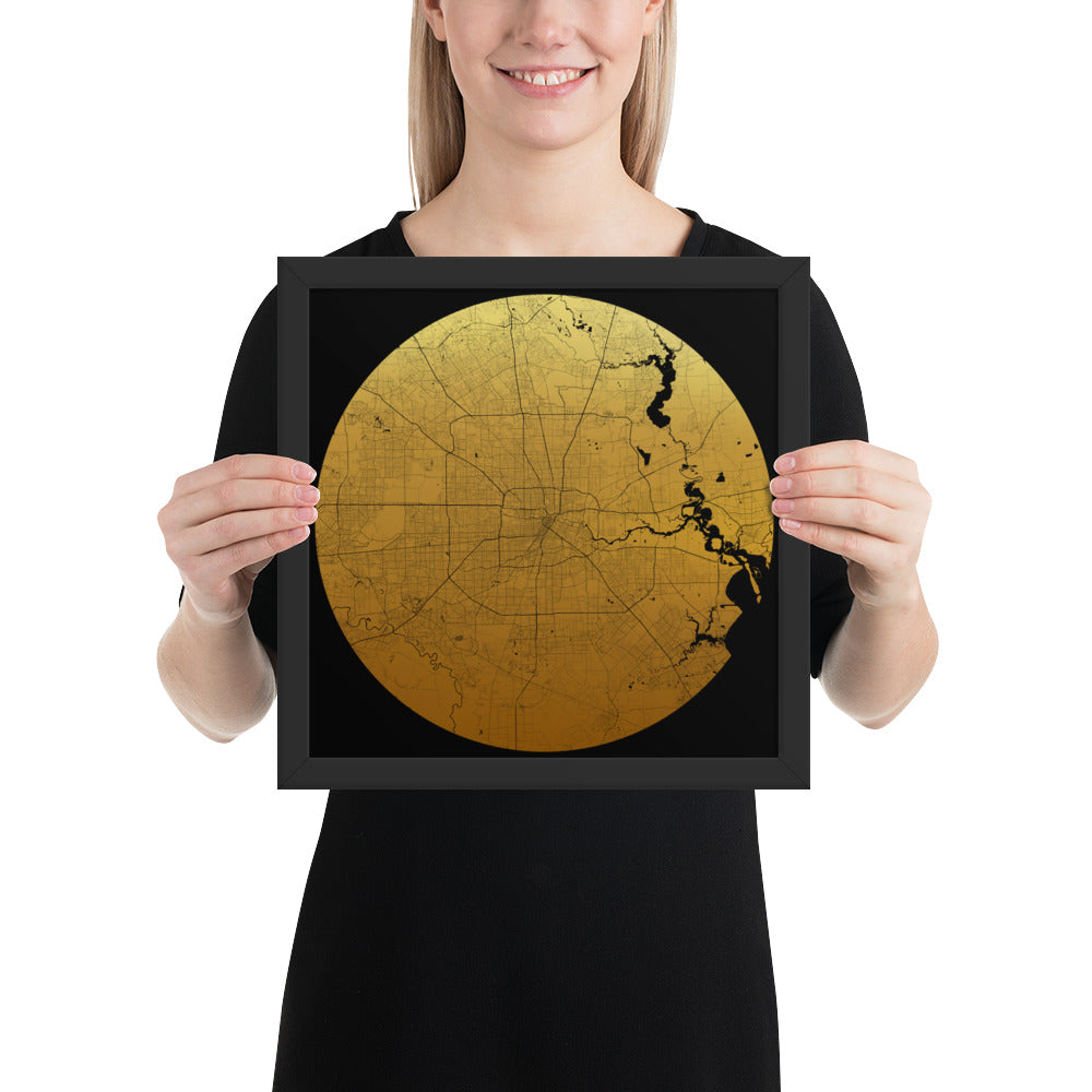 Houston Gold on Black Framed Map