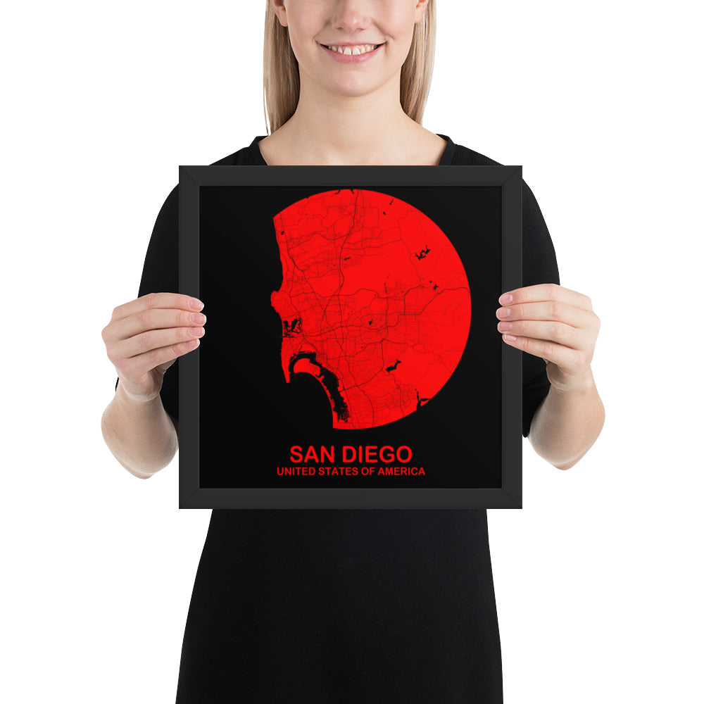 San Diego Circular Red Framed Map