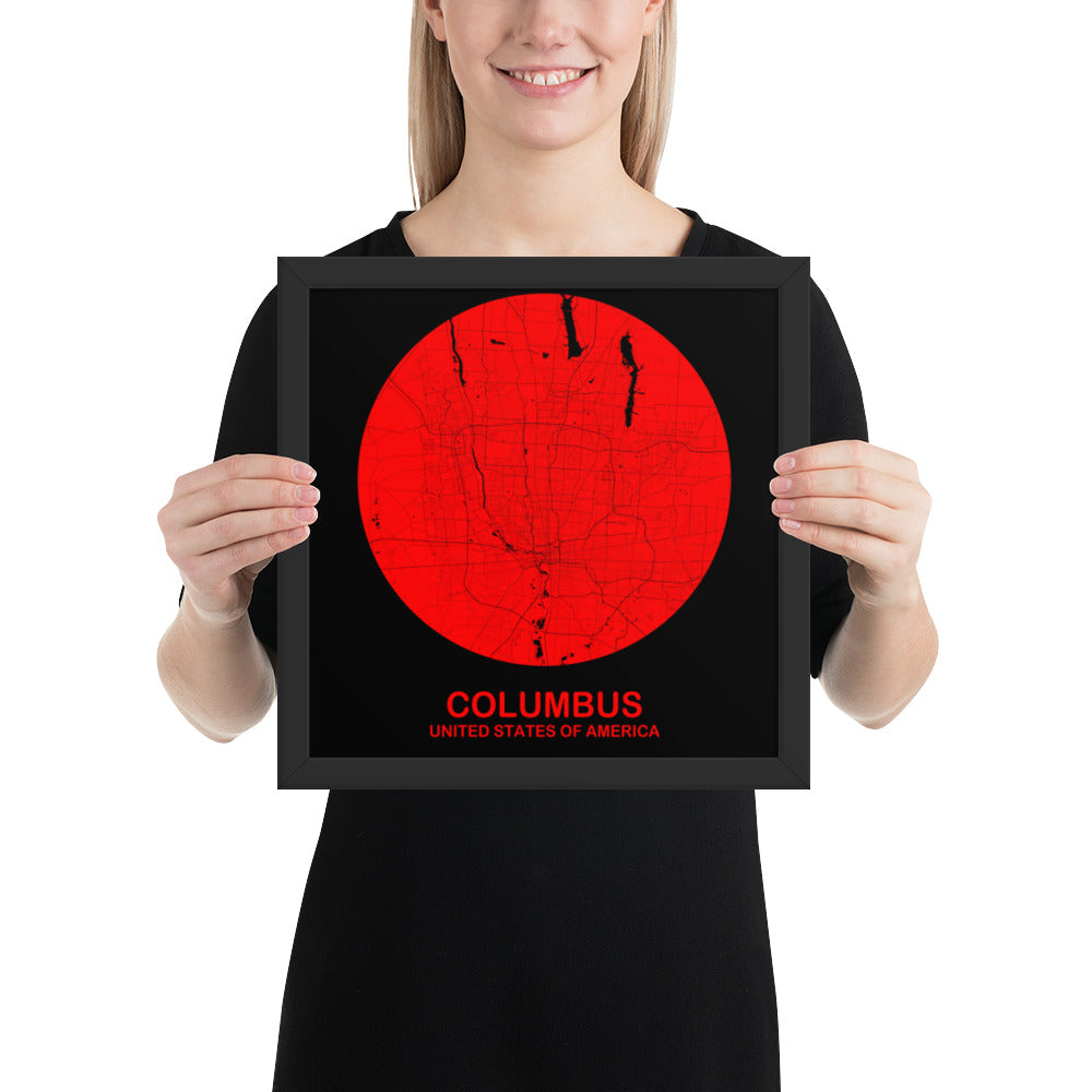 Columbus Circular Red Framed Map