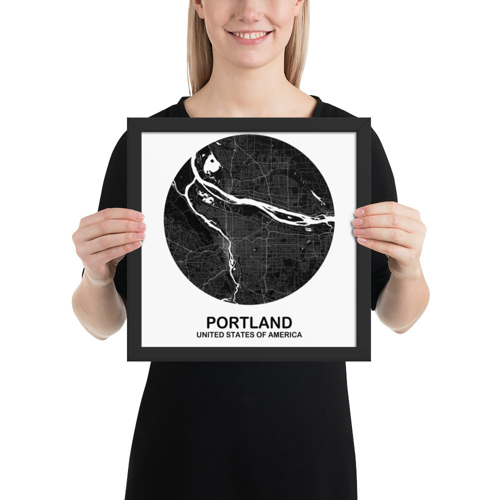 Portland Circular Black Framed Map