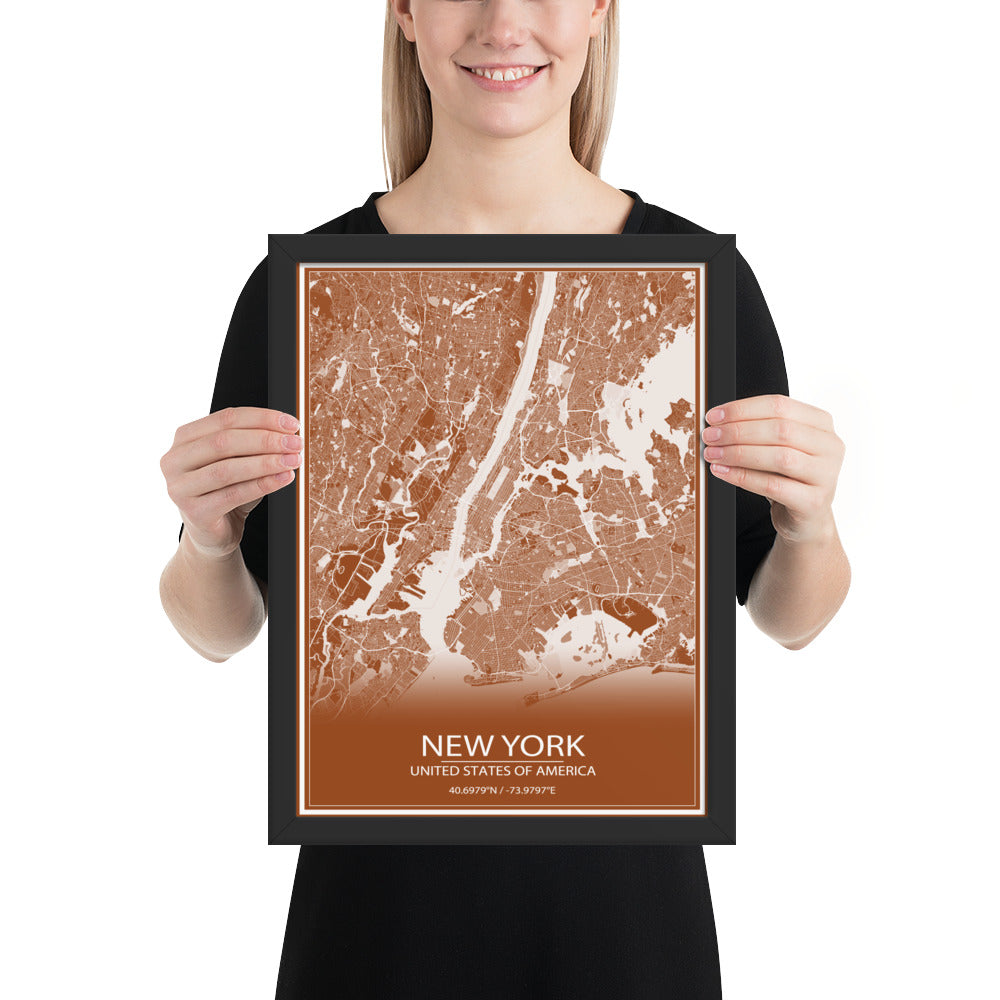 New York Brown and White Framed Map