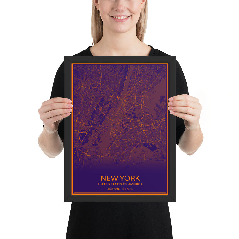 New York Purple and Orange Framed Map