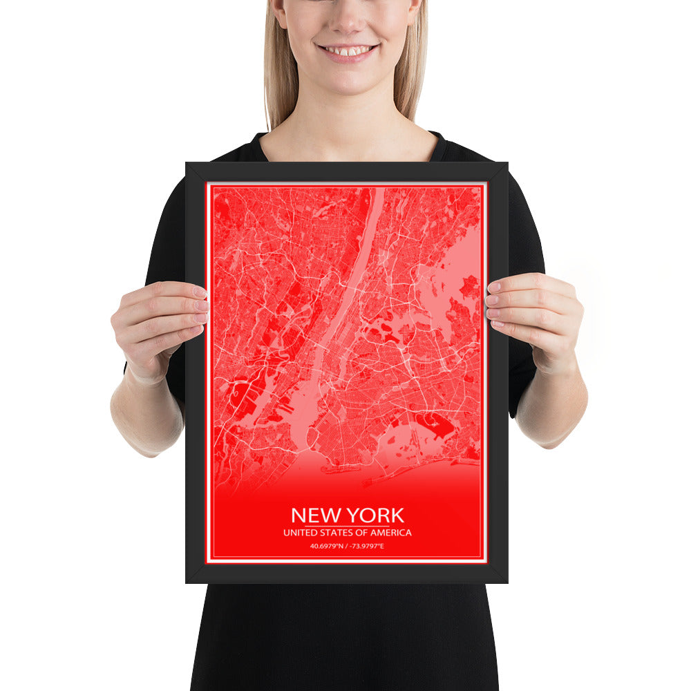 New York Red and White Framed Map