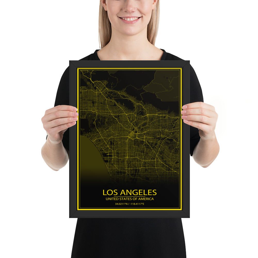 Los Angeles Black and Yellow Framed Map