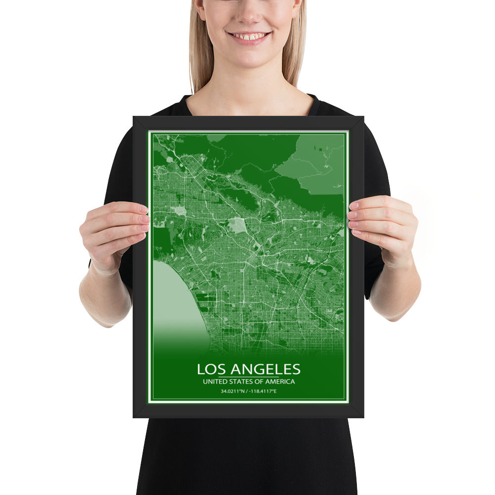 Los Angeles Green and White Framed Map