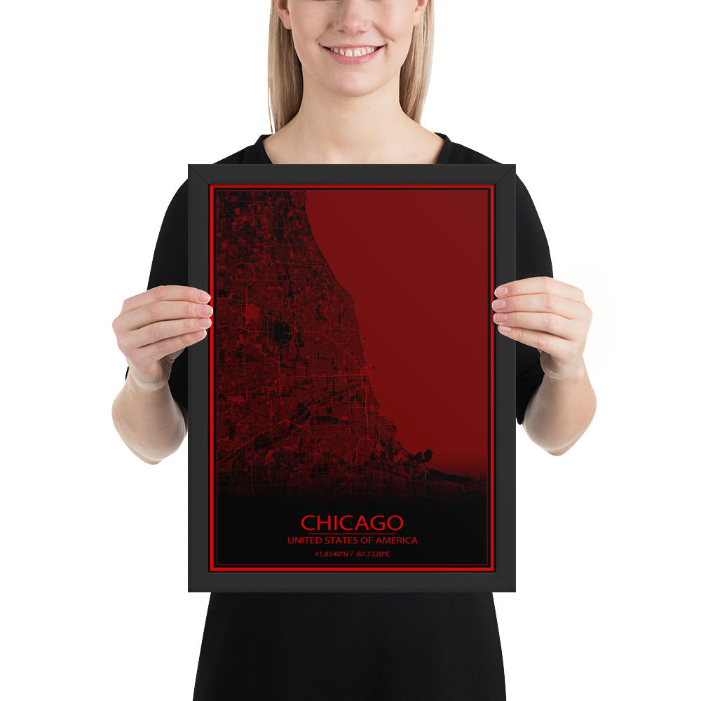 Chicago Black and Red Framed Map