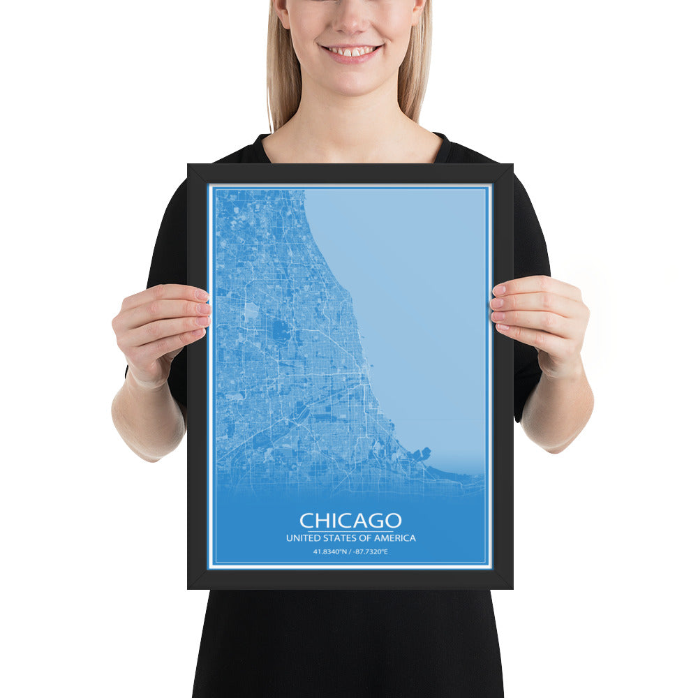 Chicago Blue and White Framed Map