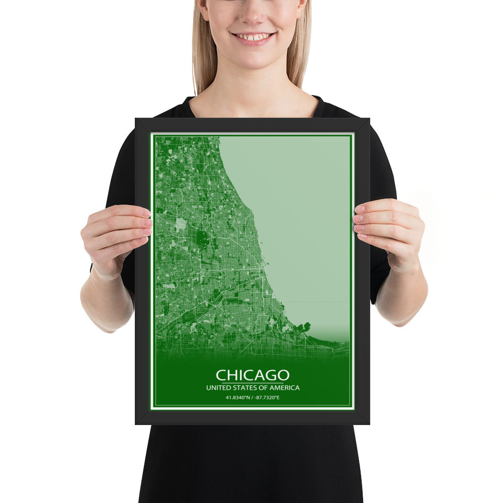 Chicago Green and White Framed Map