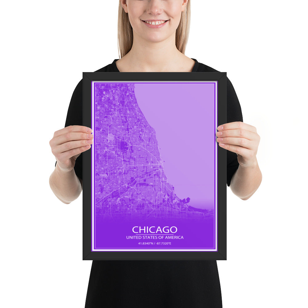 Chicago Purple and White Framed Map