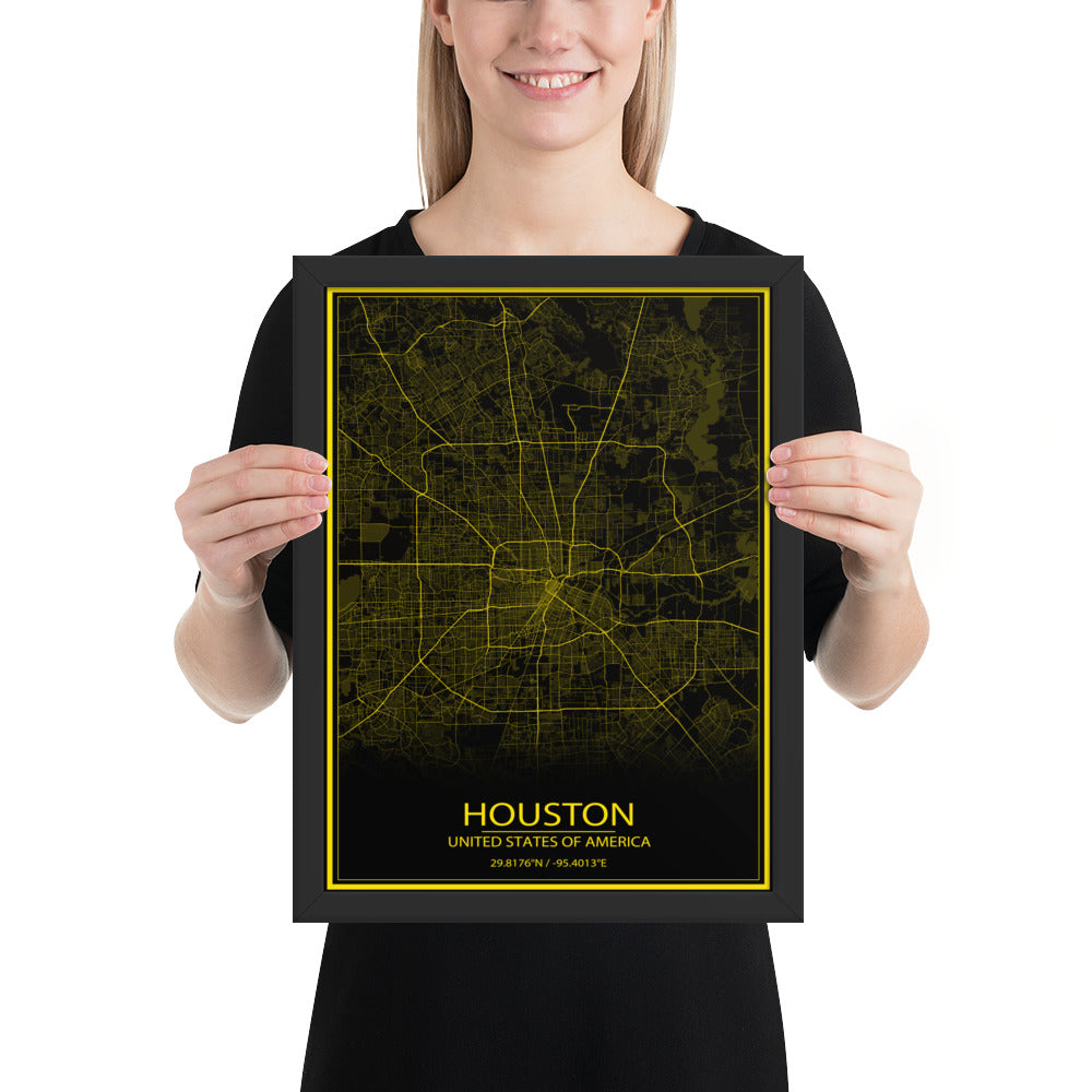 Houston Black and Yellow Framed Map