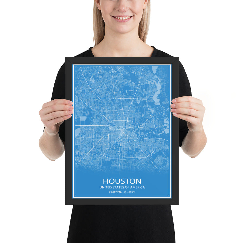 Houston Blue and White Framed Map