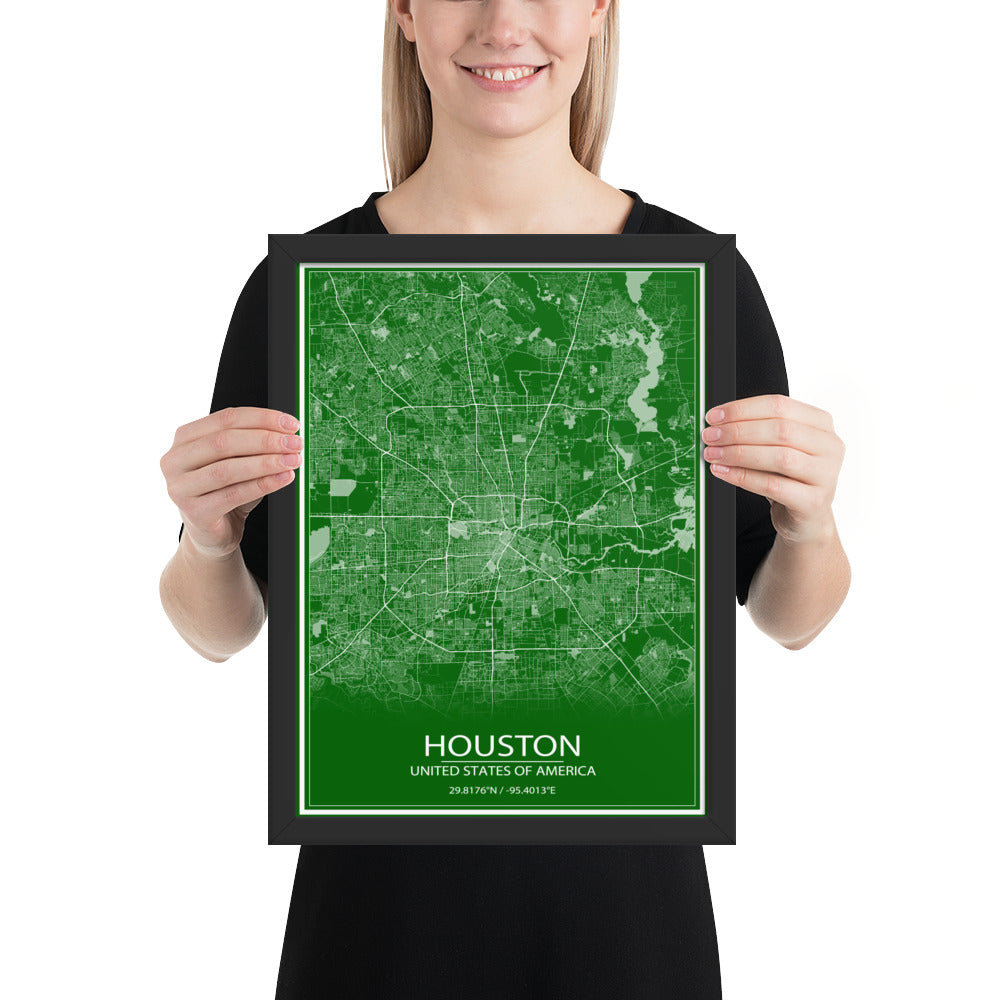 Houston Green and White Framed Map