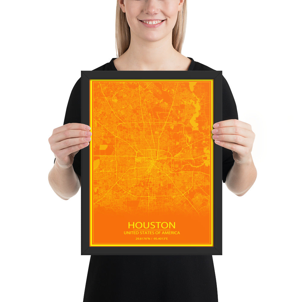 Houston Orange and Yellow Framed Map