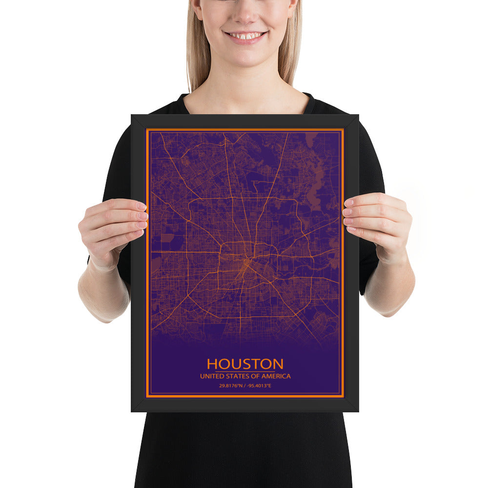 Houston Purple and Orange Framed Map