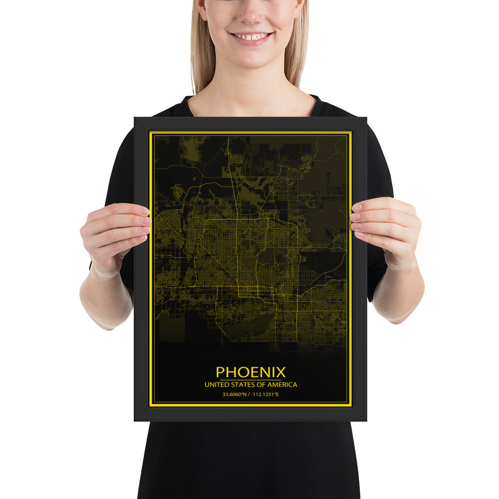 Phoenix Black and Yellow Framed Map