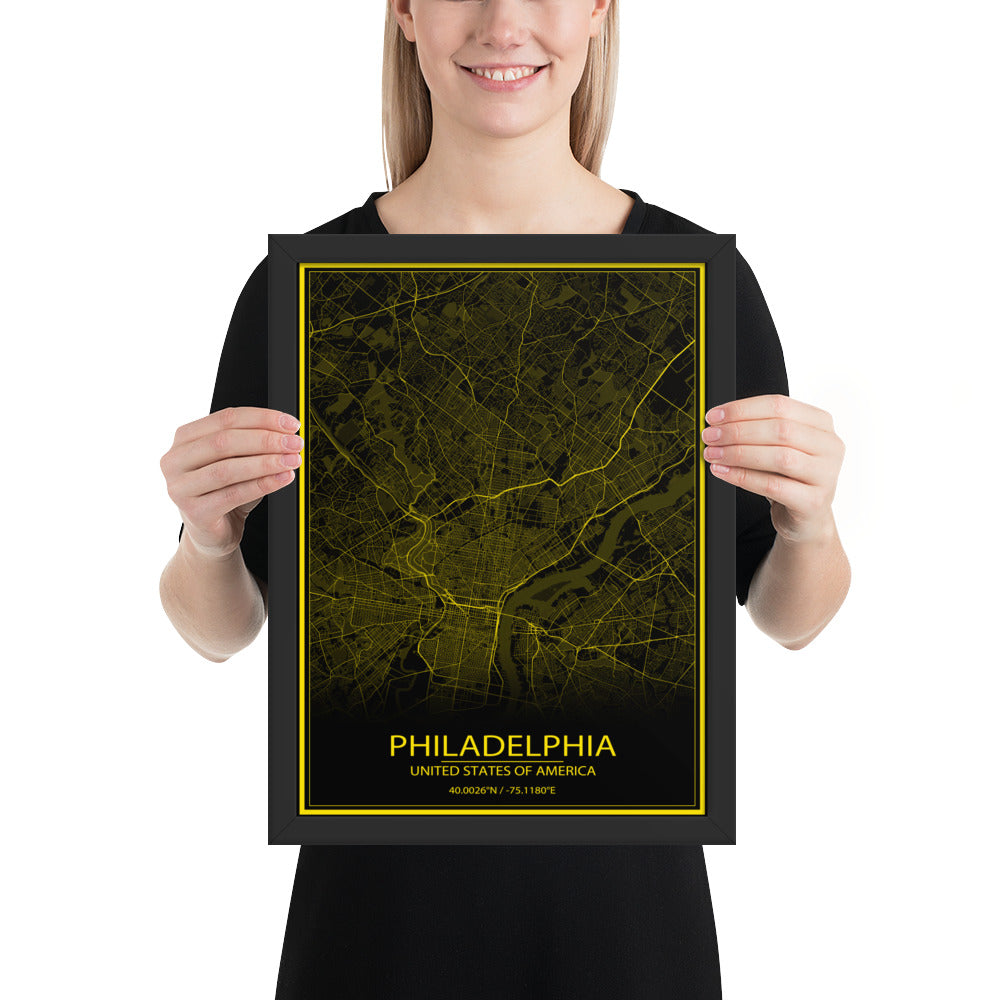 Philadelphia Black and Yellow Framed Map