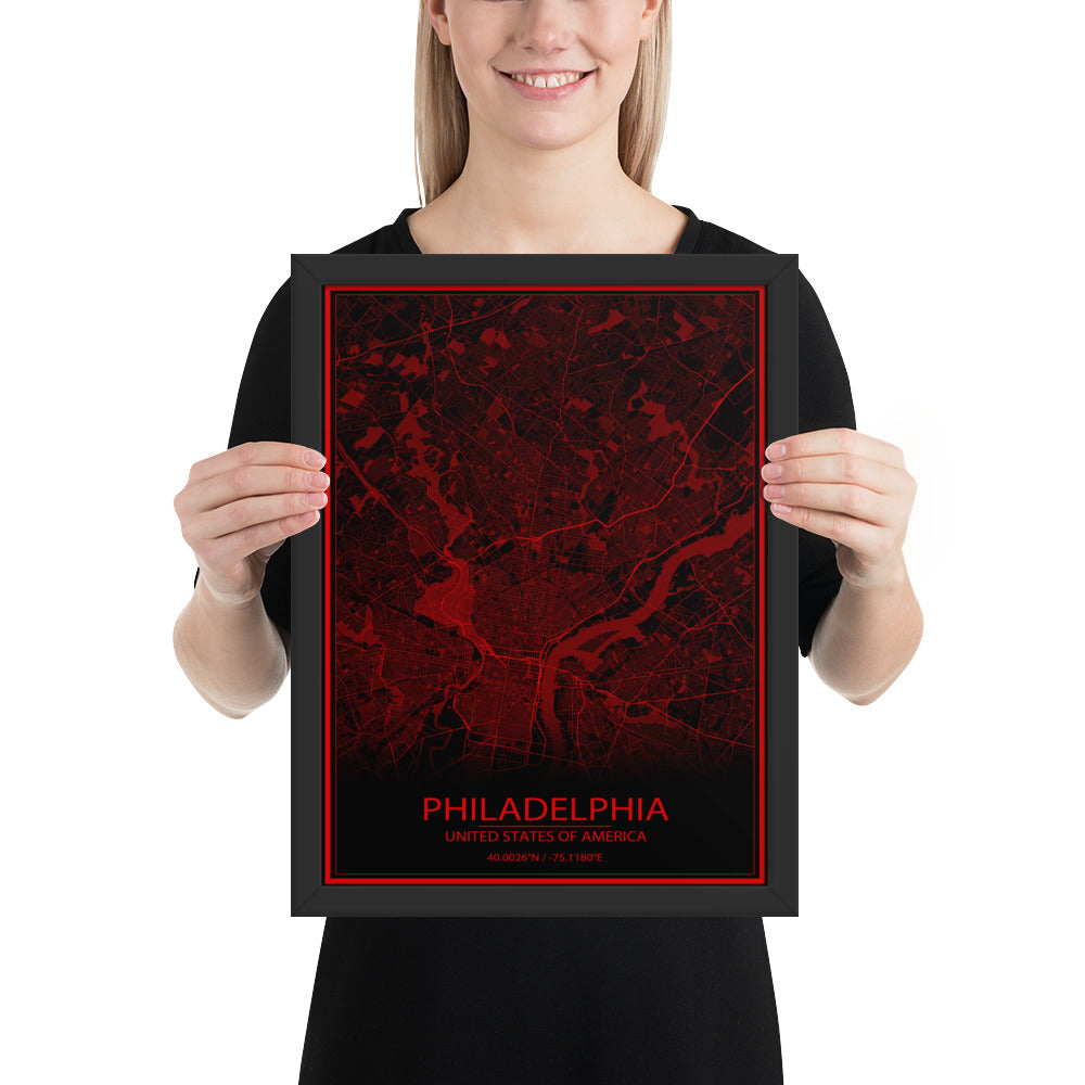 Philadelphia Black and Red Framed Map