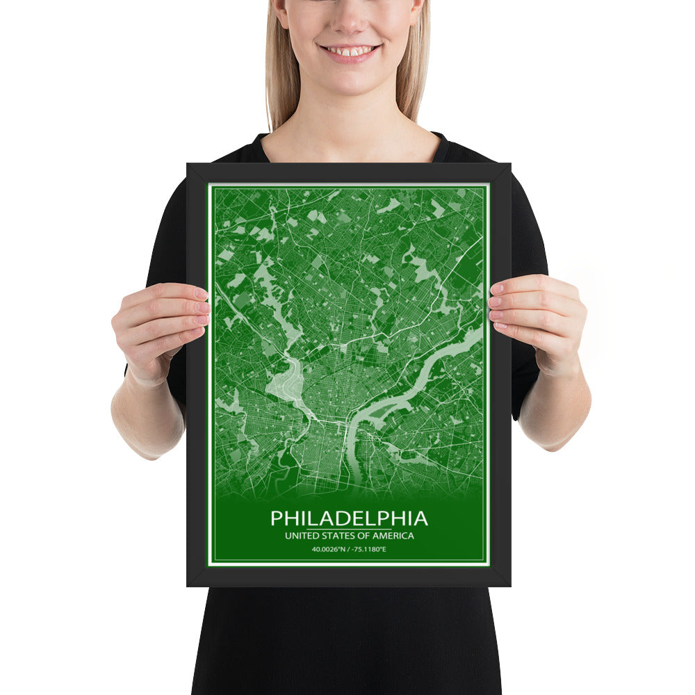 Philadelphia Green and White Framed Map