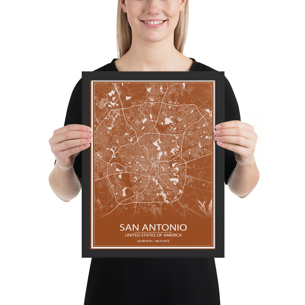 San Antonio Brown and White Framed Map