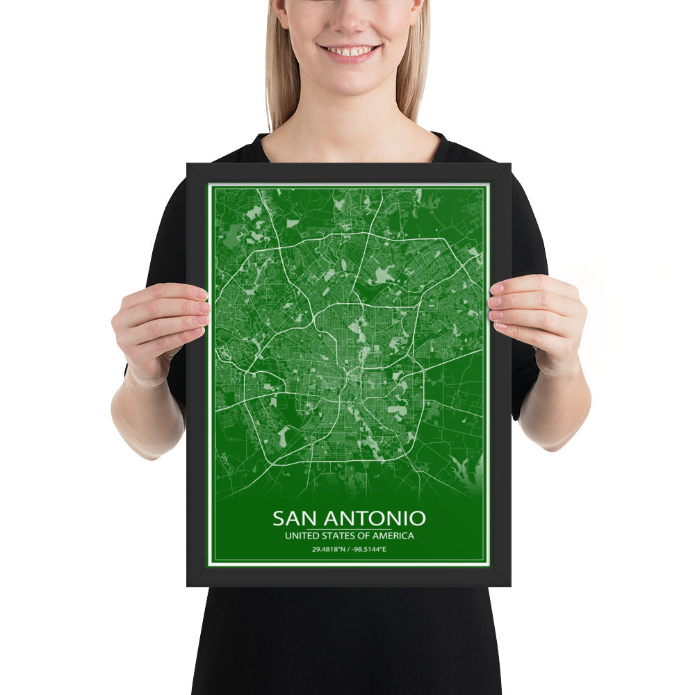 San Antonio Green and White Framed Map