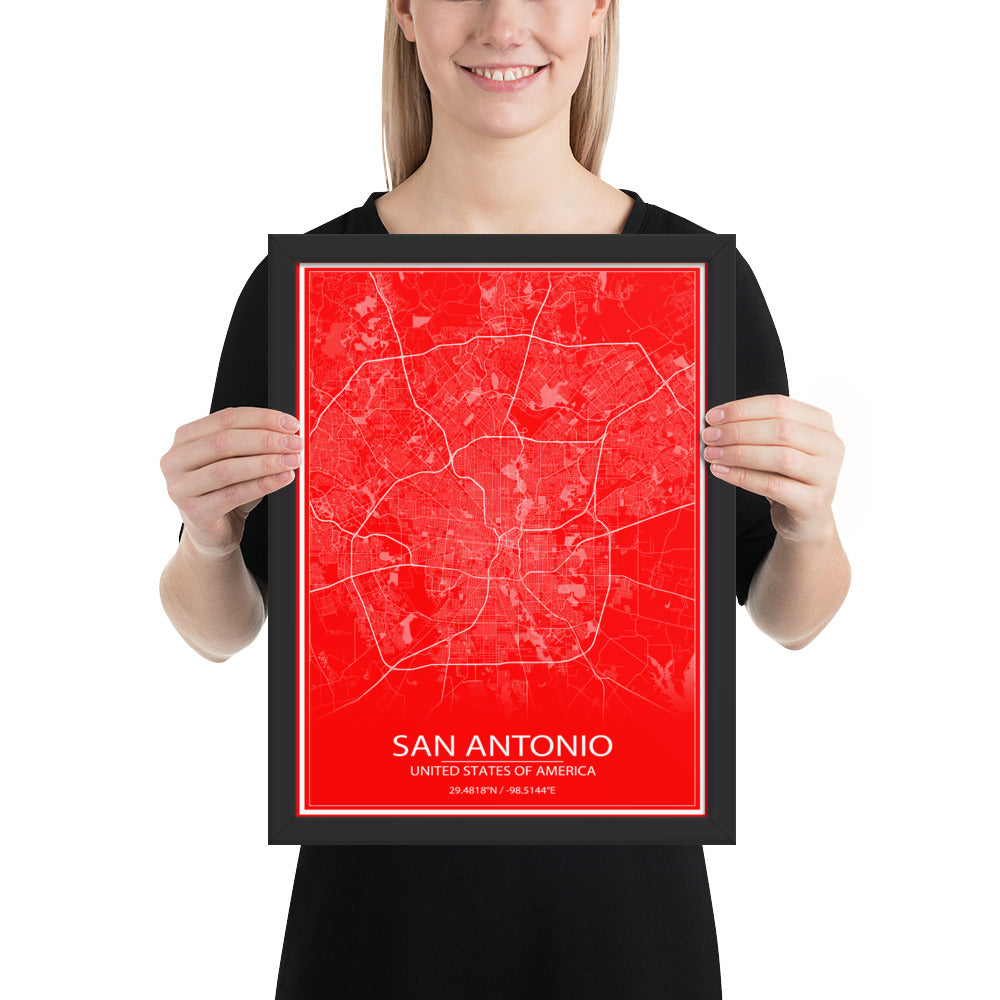 San Antonio Red and White Framed Map