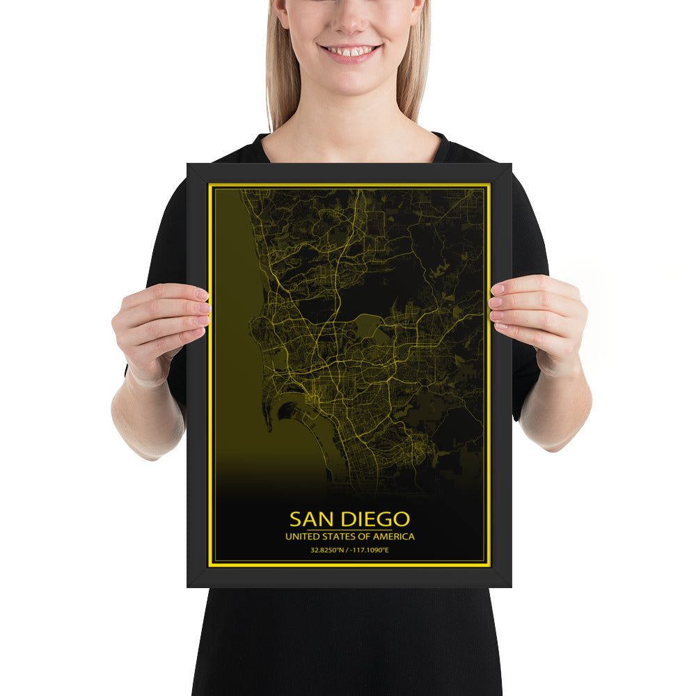 San Diego Black and Yellow Framed Map