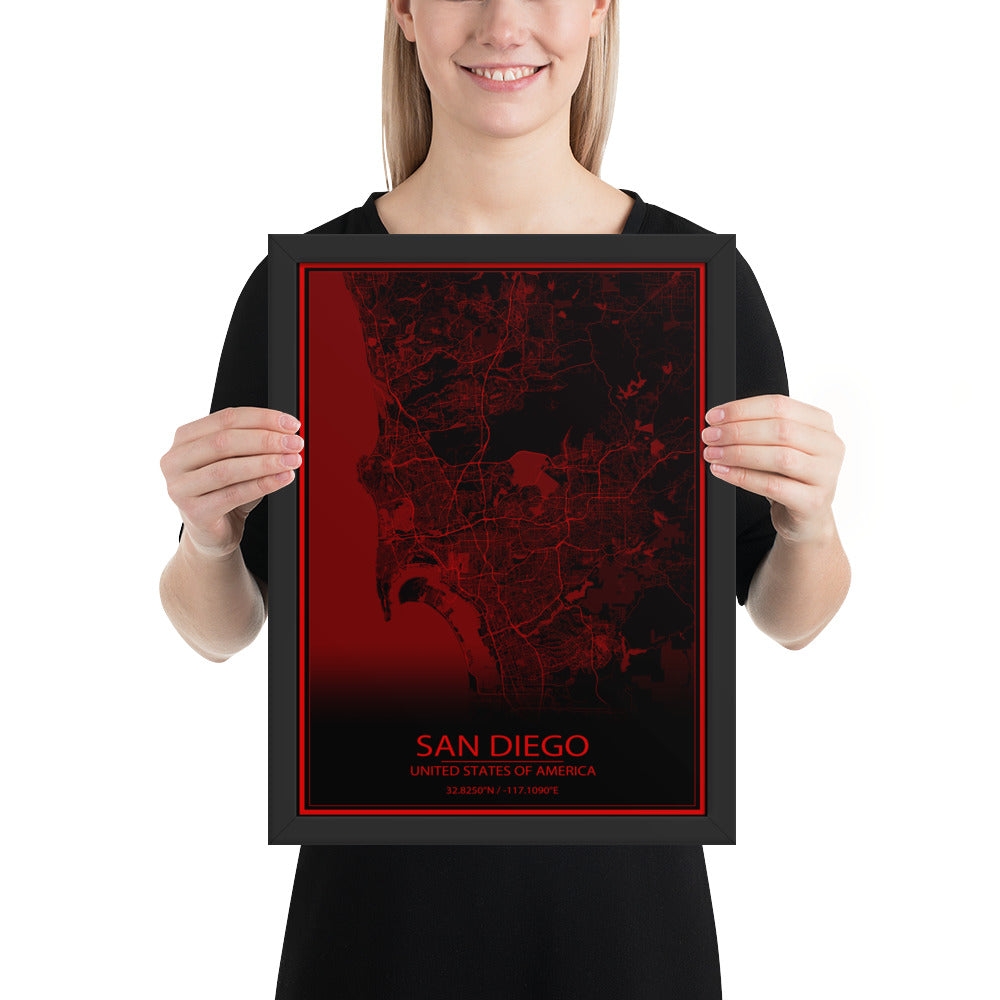 San Diego Black and Red Framed Map