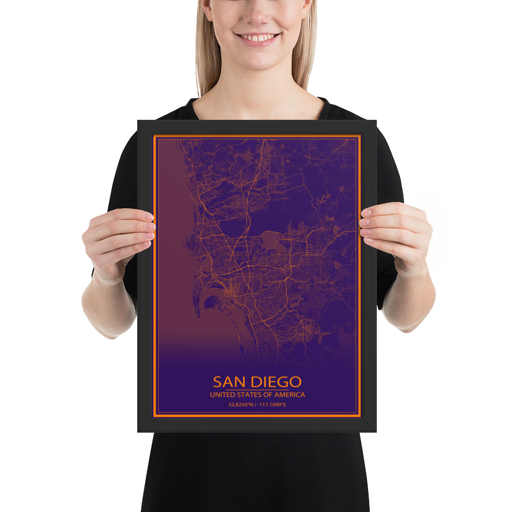 San Diego Purple and Orange Framed Map