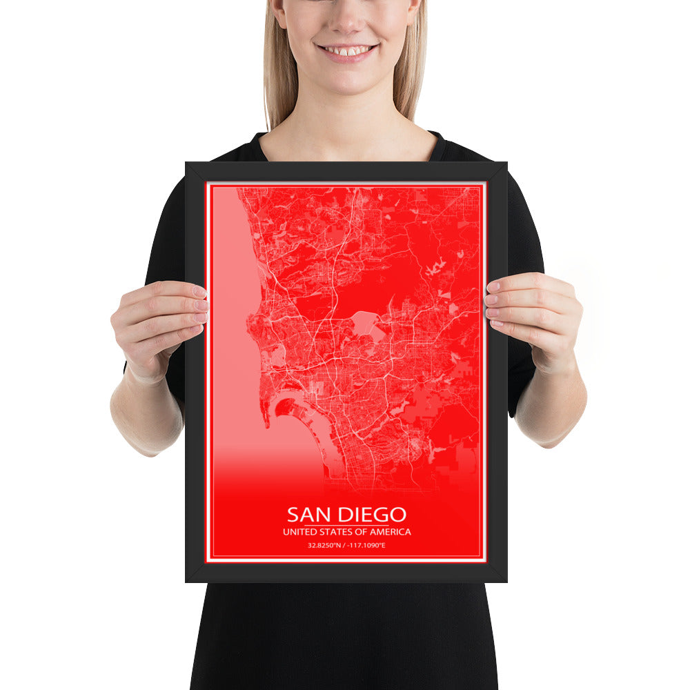 San Diego Red and White Framed Map