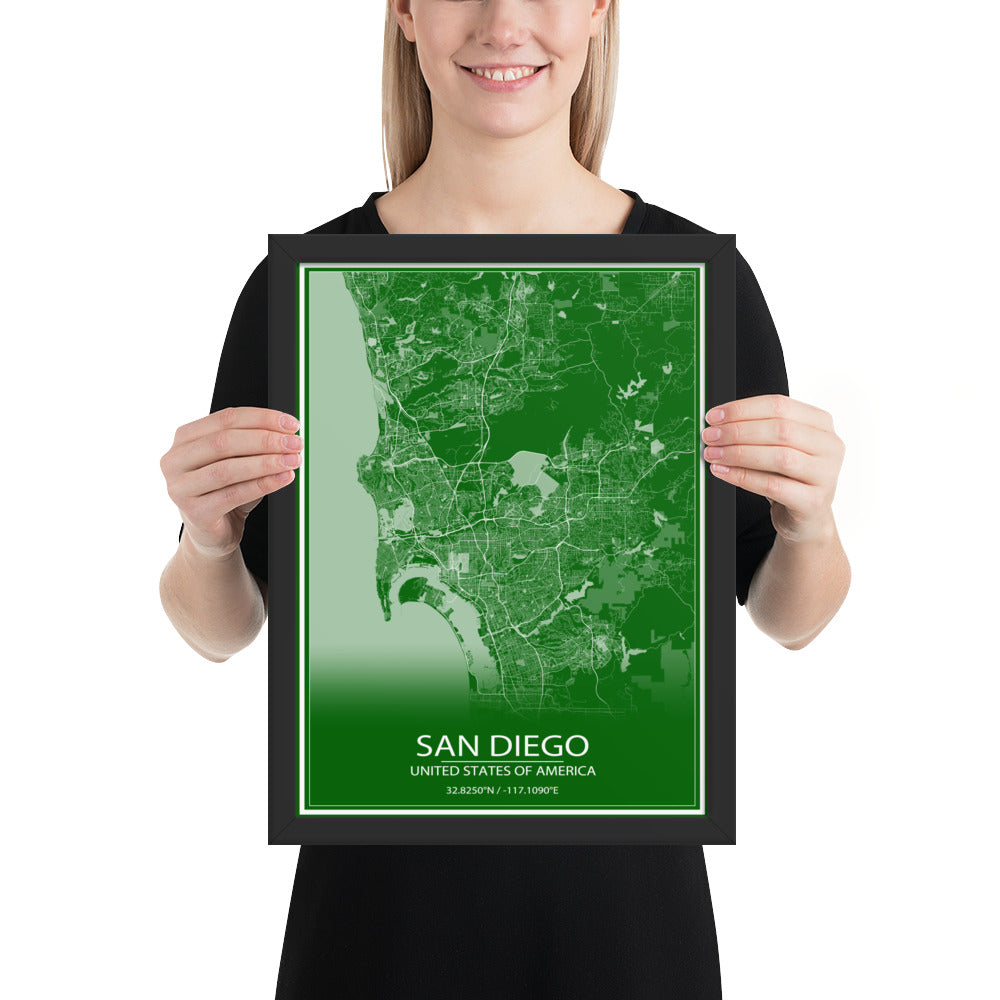 San Diego Green and White Framed Map