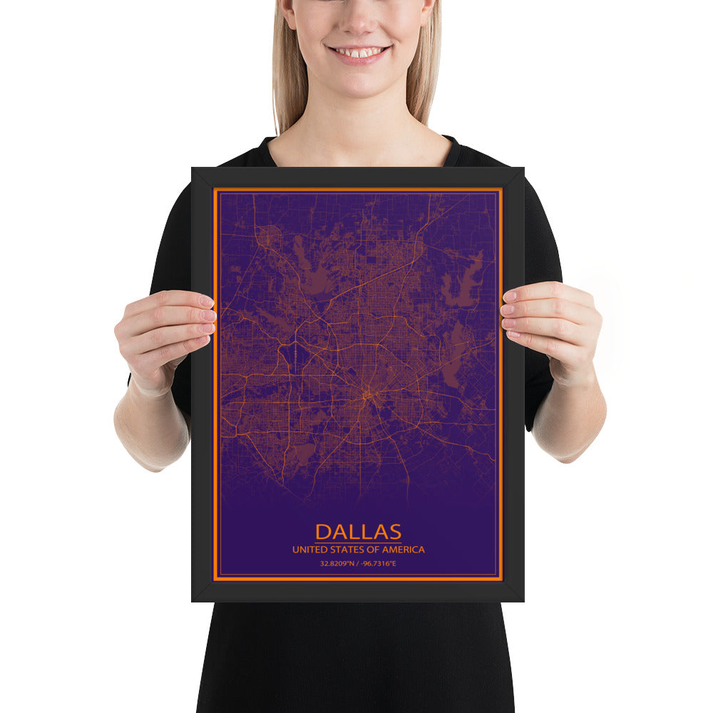 Dallas Purple and Orange Framed Map