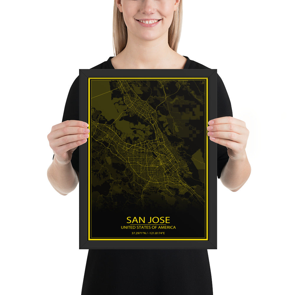 San Jose Black and Yellow Framed Map