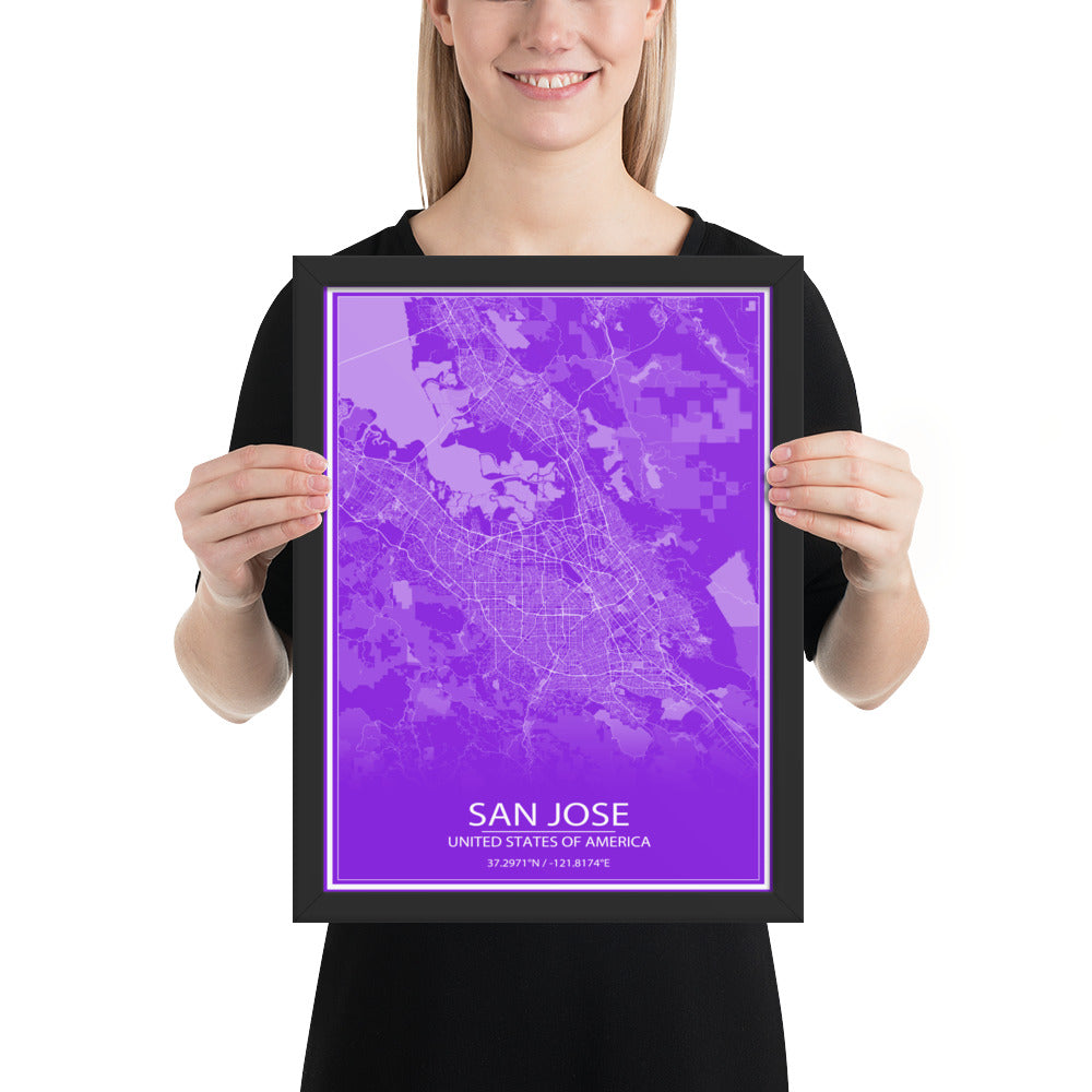 San Jose Purple and White Framed Map