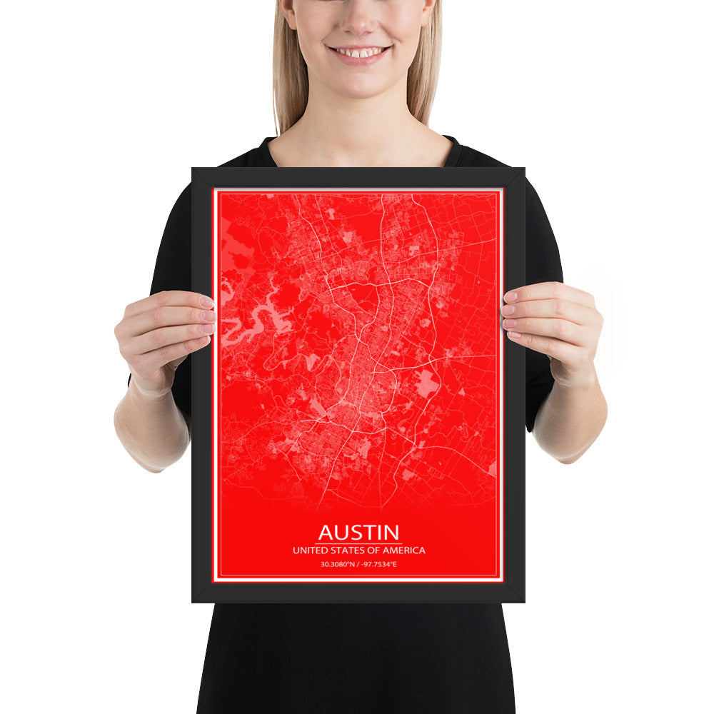 Austin Red and White Framed Map