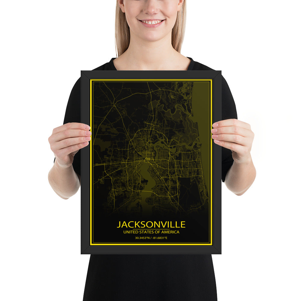 Jacksonville Black and Yellow Framed Map