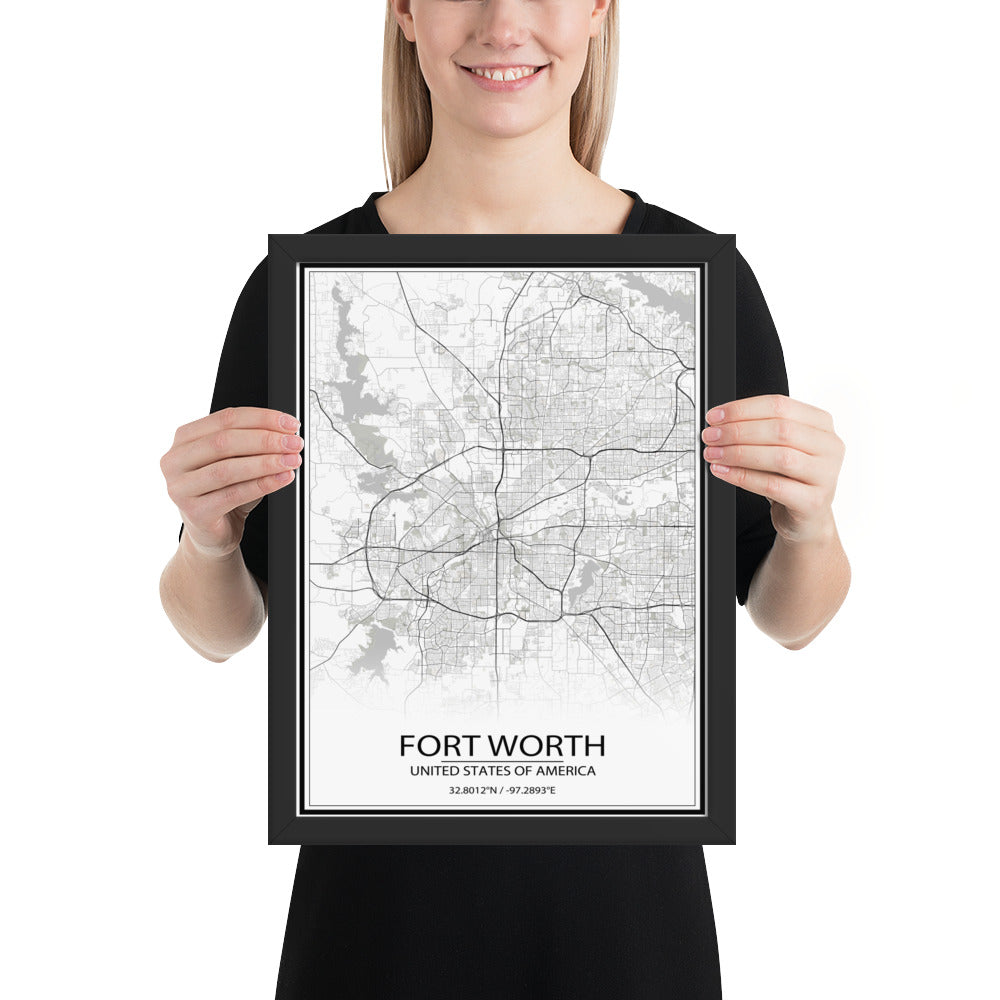 Fort Worth White Framed Map