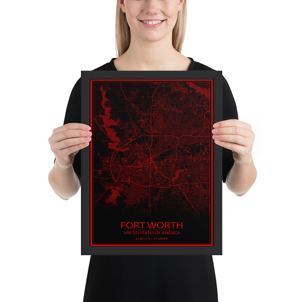 Fort Worth Black and Red Framed Map