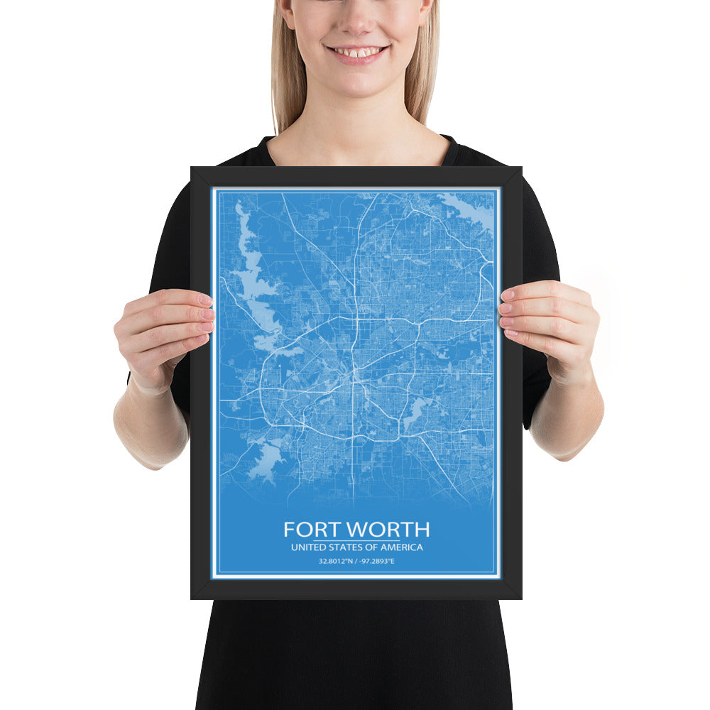 Fort Worth Blue and White Framed Map