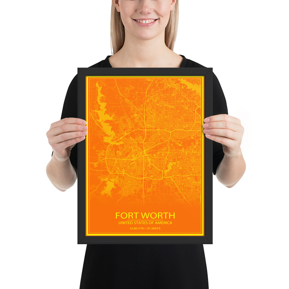 Fort Worth Orange and Yellow Framed Map