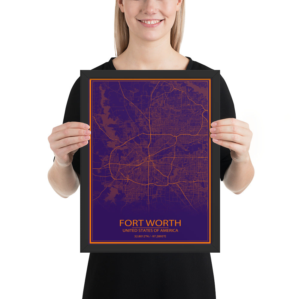 Fort Worth Purple and Orange Framed Map