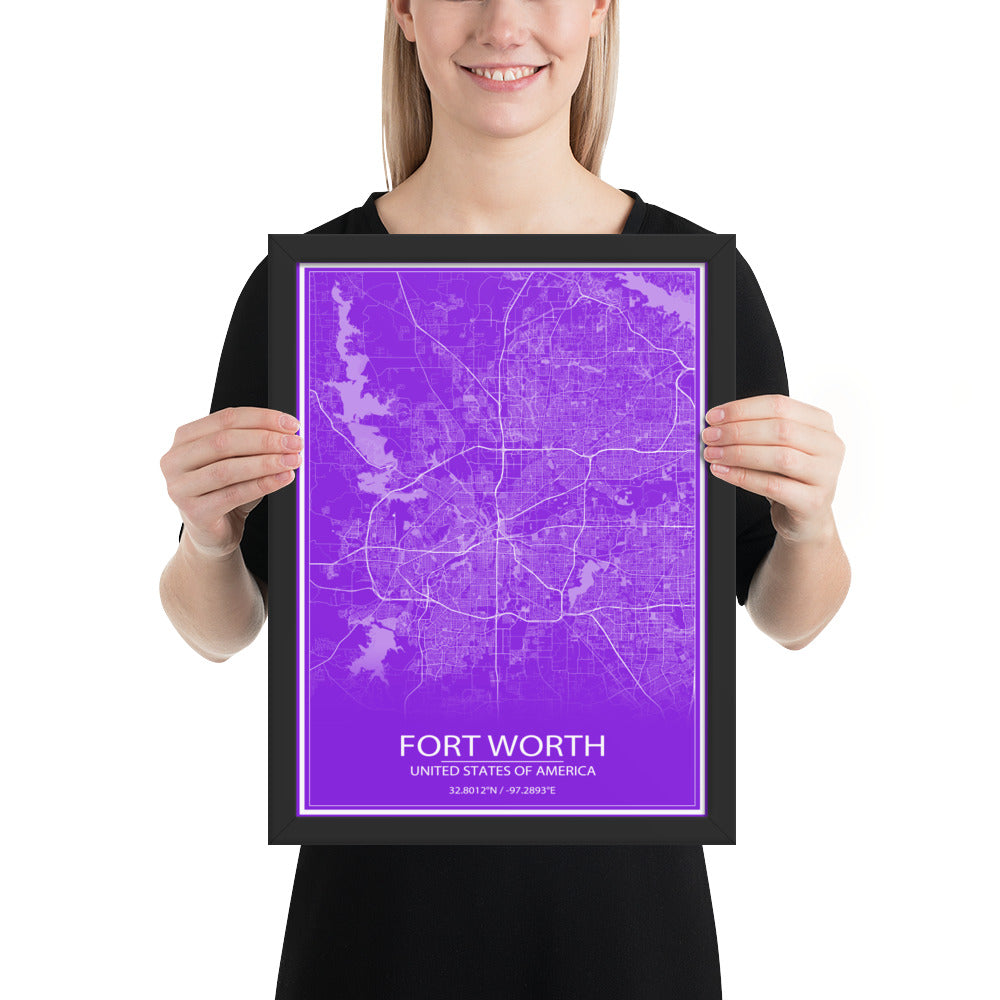 Fort Worth Purple and White Framed Map