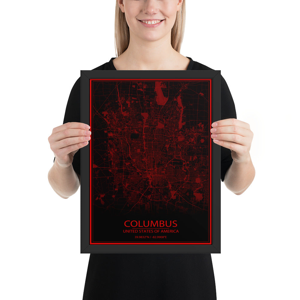 Columbus Black and Red Framed Map